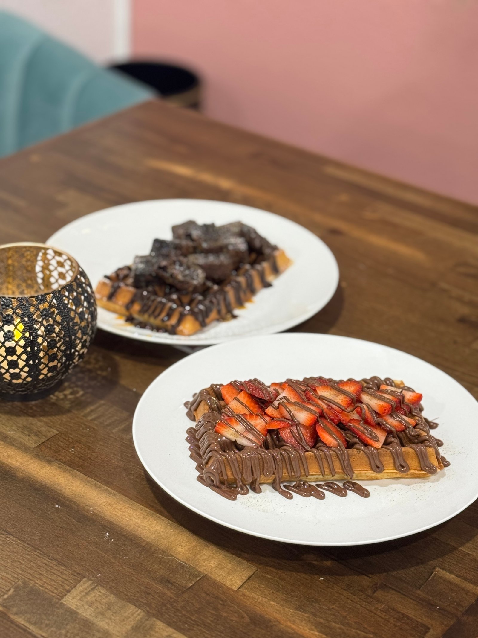 Belgian waffles with strawberries and chocolate
